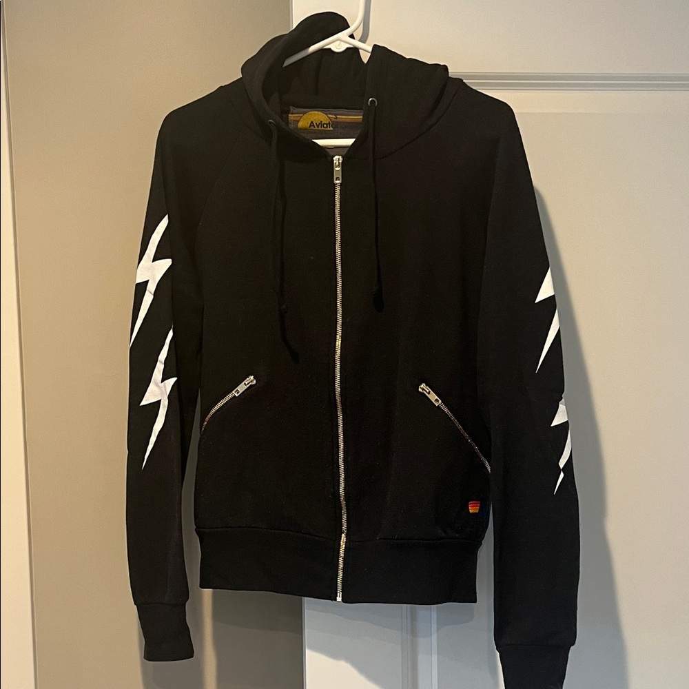 Aviator Nation Black Hoodie with White Lightning Sleeve Graphics